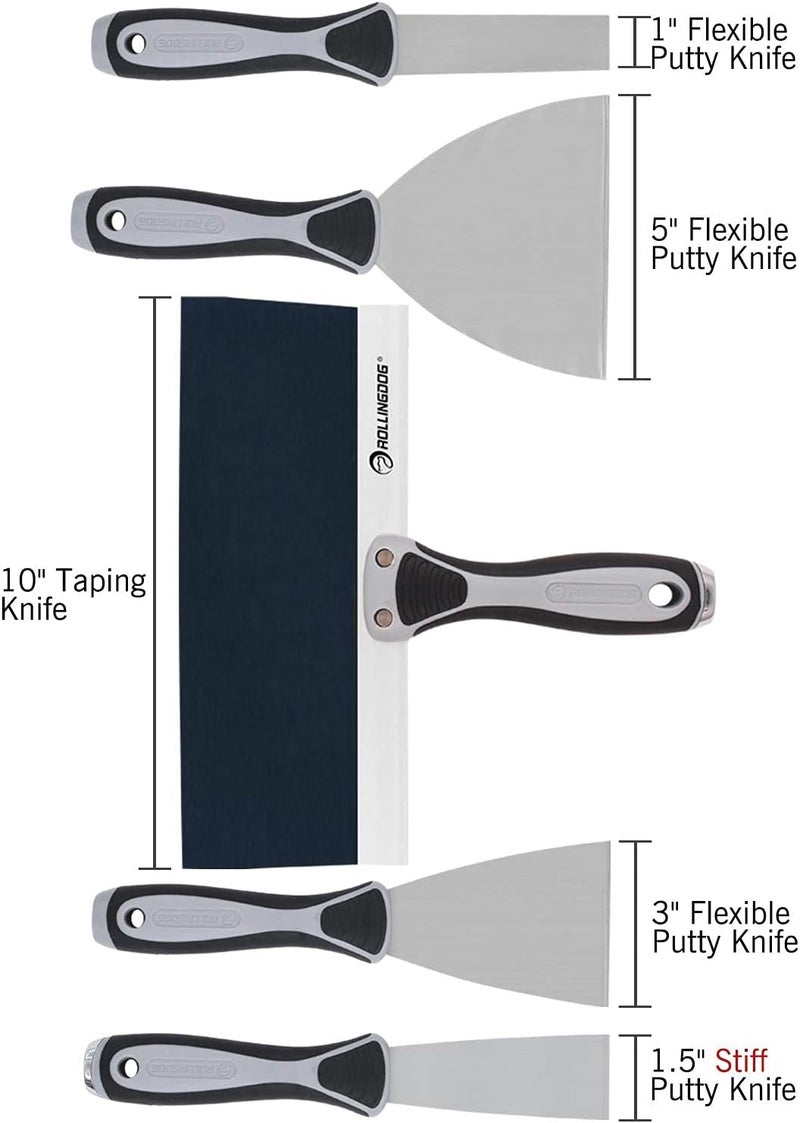 Rolling Dog 5 PC Putty Knife Set- Include 1", 3" and 5" Spackle Knife, 1.5" Chisel Scraper, 10" Taping Knife for Drywall Repair - Image 2